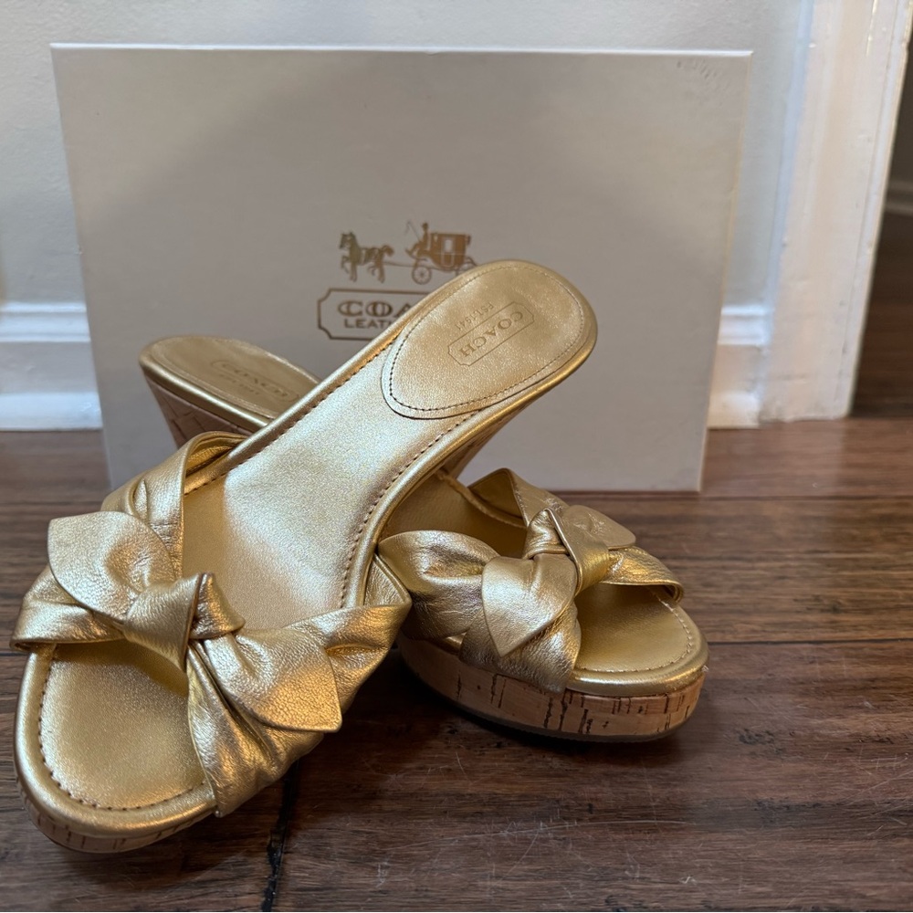 Coach Karen Gold Platform Cork Heels Sandals 7.5